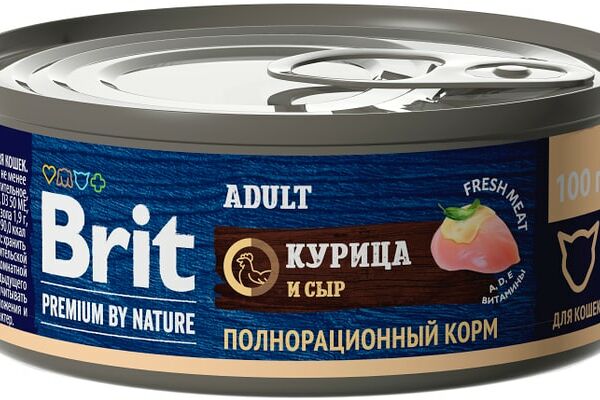 Влажный корм для кошек Brit Premium by Nature с мясом курицы и сыром 100г