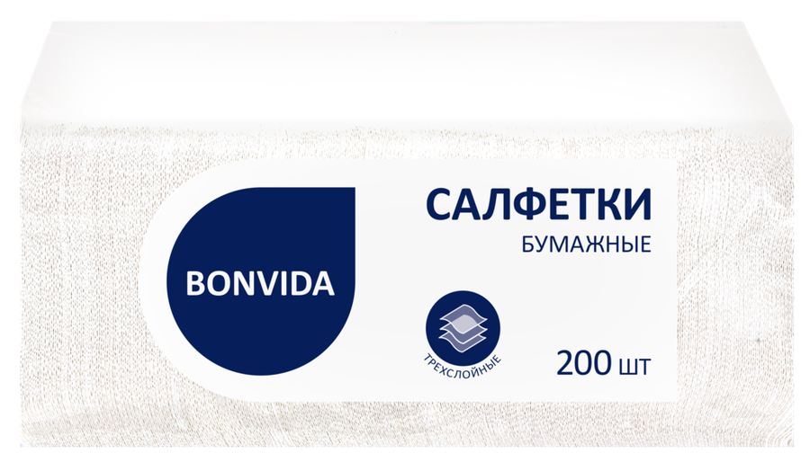 

Салфетки бумажные Bonvida 3 слоя белые 24х24 см 200 шт.