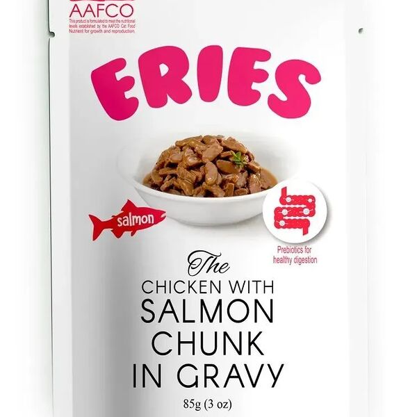 Влажный корм Pettric ERIES для любых кошек Лосось с курицей, кусочки в соусе 85г