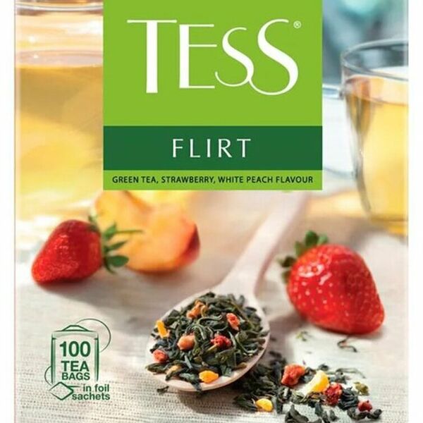Чай зеленый Tess Flirt с клубникой и ароматом белого персика 100х1.5 г, 150г