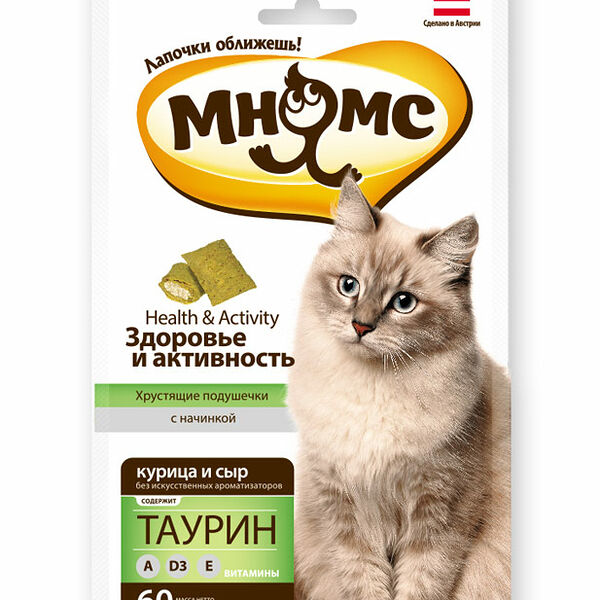 Хрустящие подушечки для кошек Здоровье и активность Мнямс с начинкой Курица и сыр