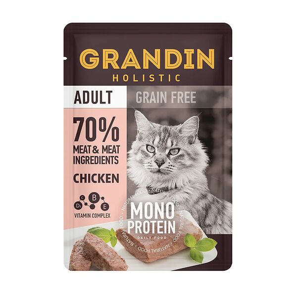 Adult Grain free Monoprotein Влажный корм Grandin (пауч) для взрослых кошек, патэ из нежного мяса курицы в желе, 85 гр.
