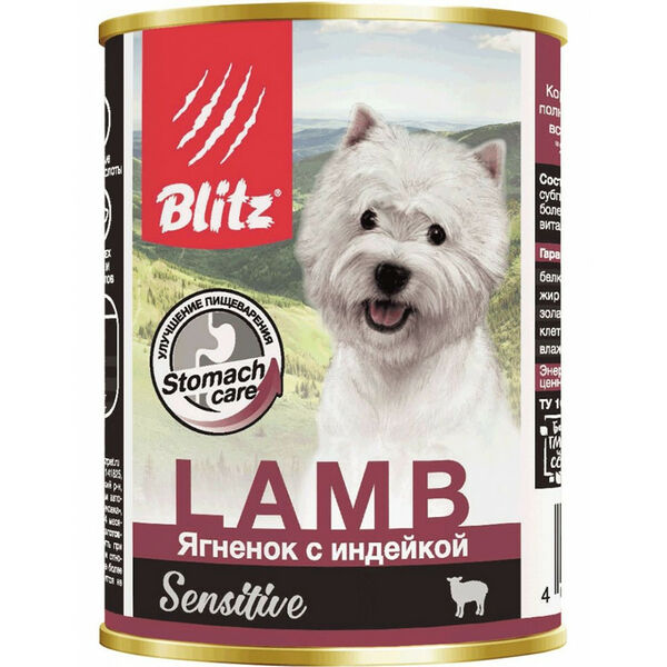 Консервы для собак всех пород и возрастов Blitz Sensitive Dog Lamb & Turkey (Pate) Ягнёнок с индейкой, паштет 400 г