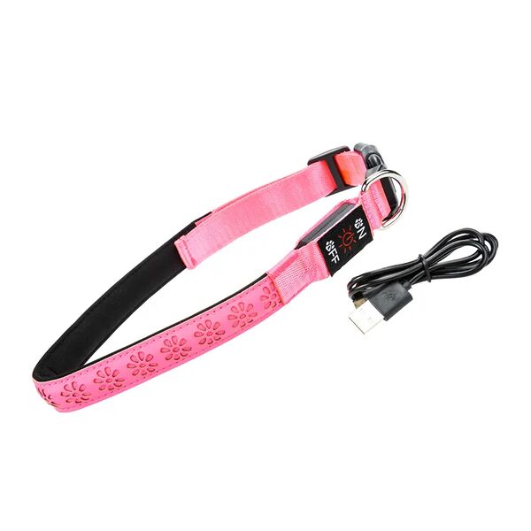 Ошейник для собак крупных пород светящийся c цветочком розовый L, 51-61 см