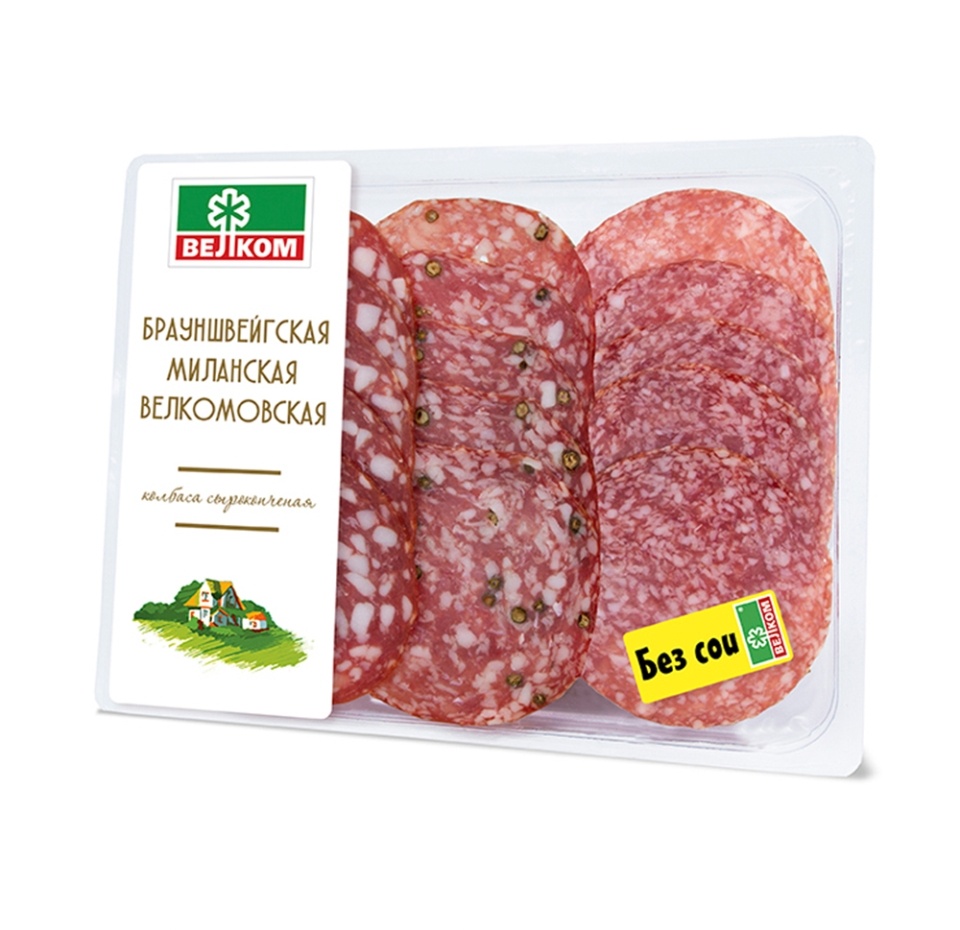 

Колбасное ассорти Велком Брауншвейгская Велкомовская Миланская сырокопченое нарезка 90 г