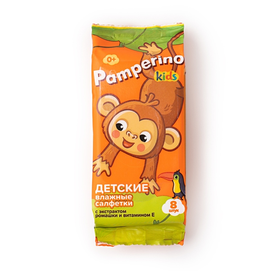 

Детские влажные салфетки Pamperino с экстрактом ромашки и витамином Е 8 шт., дизайн упаковки в ассортименте