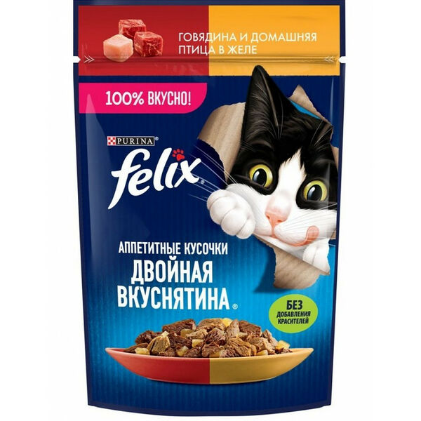 Felix Влажный корм Felix Аппетитные кусочки, Двойная вкуснятина для взрослых кошек, с говядиной и домашней птицей, в желе 