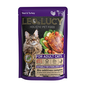 Корм влажный для кошек Leo&lucy кусочки в соусе с телятиной, индейкой и биодобавками 85г, Россия