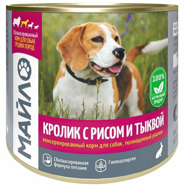 Корм влажный для собак Майло Кролик с рисом и тыквой