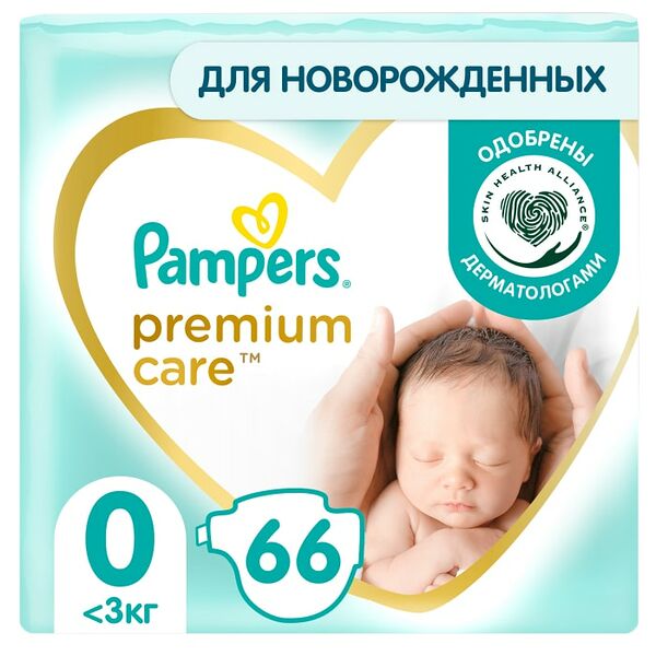 Подгузники для новорожденных Pampers Premium Care 0 размер / 1.5-2.5кг ультрамягкие 66шт
