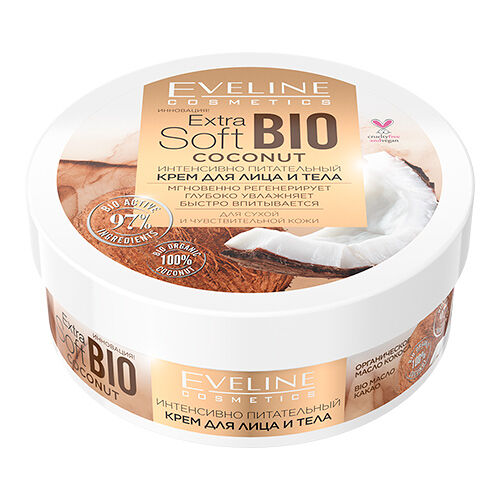 Крем для лица и тела `EVELINE` `EXTRA SOFT` BIO интенсивно питательный с экстрактом масла кокоса 200 мл
