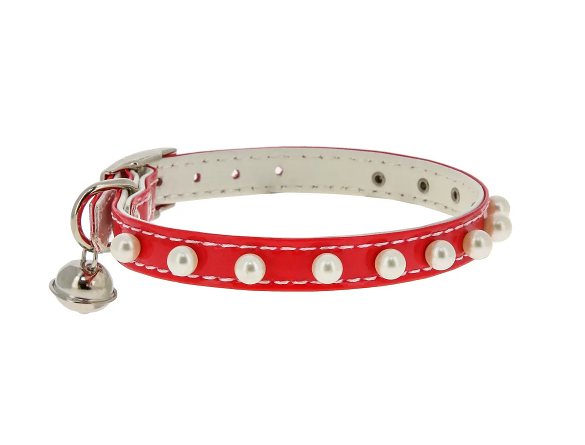 Каскад ошейник Синтетик двойной, прошитый для кошки с жемчугом и бубенчиком, красный