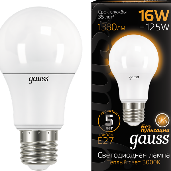 Лампа светодиодная GAUSS Blk E27 16Вт теплый, груша