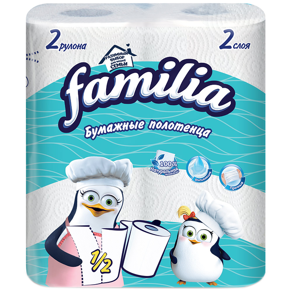 Полотенца бумажные FAMILIA 2-слоя белые, 2шт