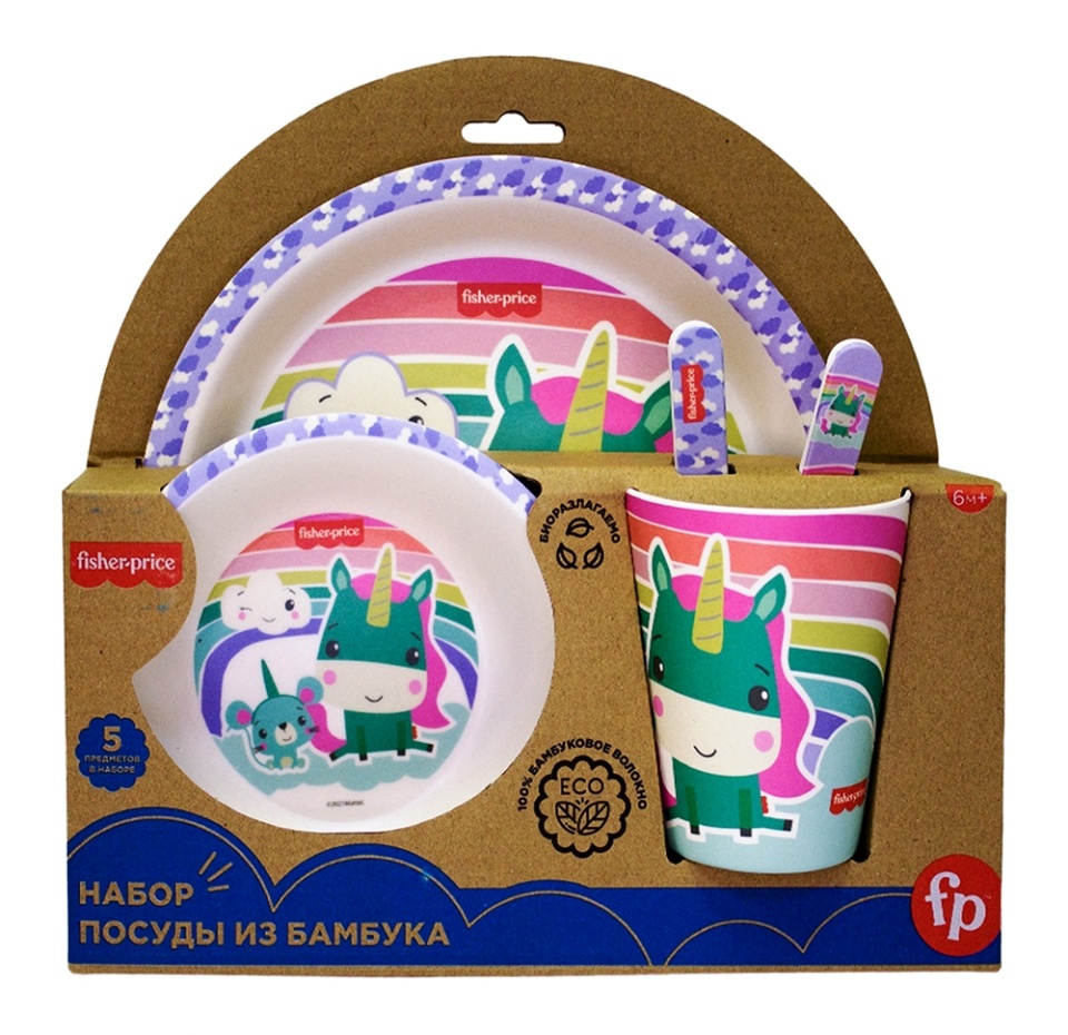 

Набор посуды из бамбука Fisher Price Единорог, 5 предметов: тарелка глубокая, тарелка плоская, стакан, вилка, ложка
