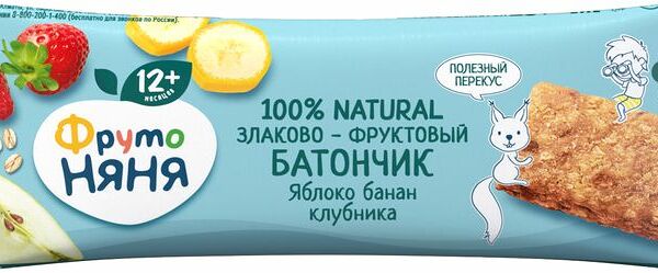 Батончик ФрутоНяня злаково-фруктовый яблоко-банан-клубника 25г