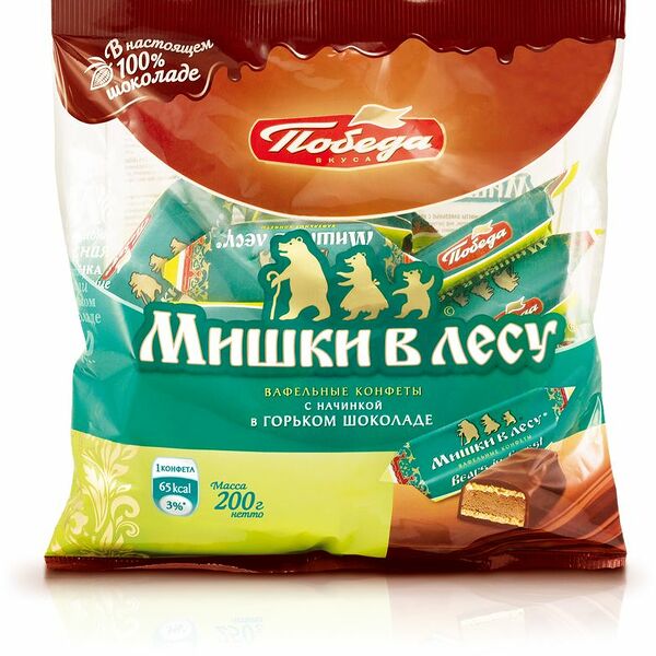 Конфеты Победа Вкуса Мишки в лесу вафельные с начинкой в горьком шоколаде, 200г
