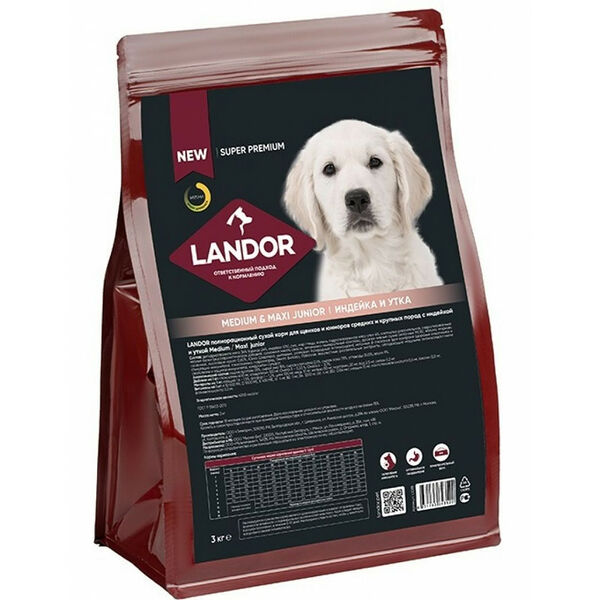 Landor Medium & Maxi junior корм для щенков и юниоров средних и крупных пород индейка и утка 3 кг
