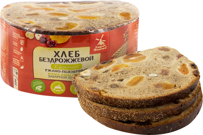 

Хлеб заварной бездрожжевой Хлебное местечко Курземский с курагой, изюмом и фундуком нарезка 270 г
