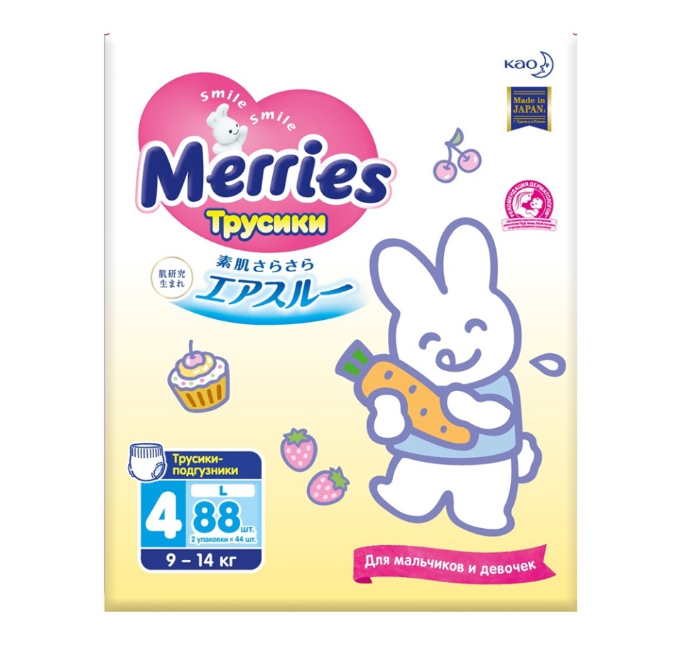 

Трусики-подгузники Merries для детей р. L 9-14 кг, 88 шт.