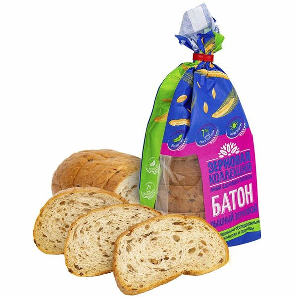 Батон пышный зерновой Зерновая коллекция с пророщенными осолодованными зёрнами ржи и пшеницы, нарезка