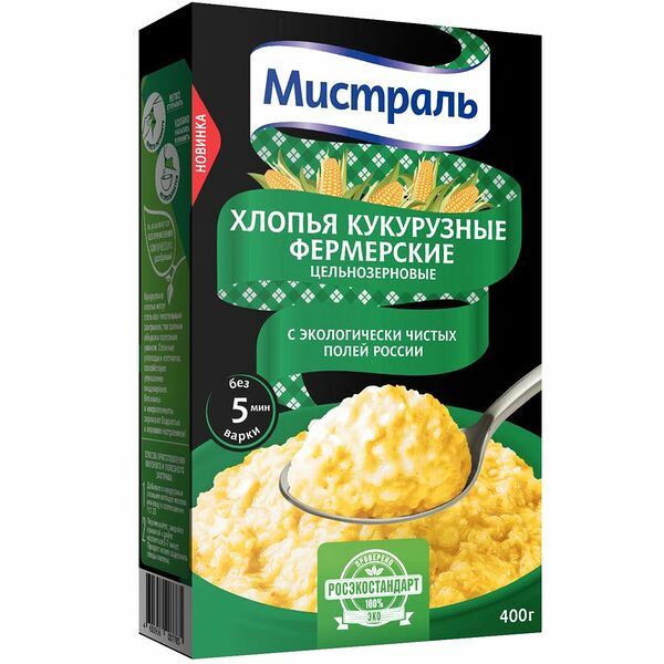 Хлопья кукурузные Мистраль Фермерские цельнозерновые, 400г