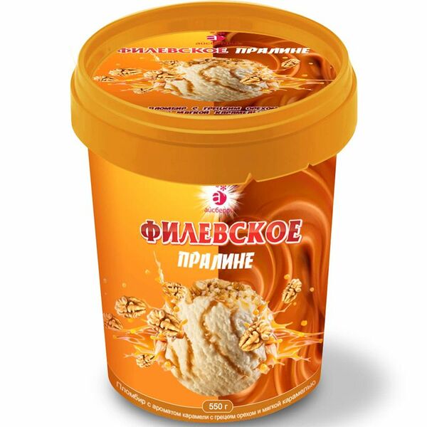 Пломбир Филевское Пралине с грецким орехом и мягкой карамелью 12%, 550г