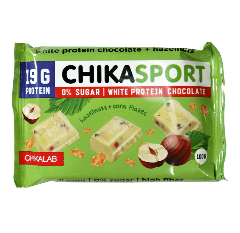 

Шоколад Chikalab Chika Sport протеиновый белый фундук и кукурузные чипсы 100 г