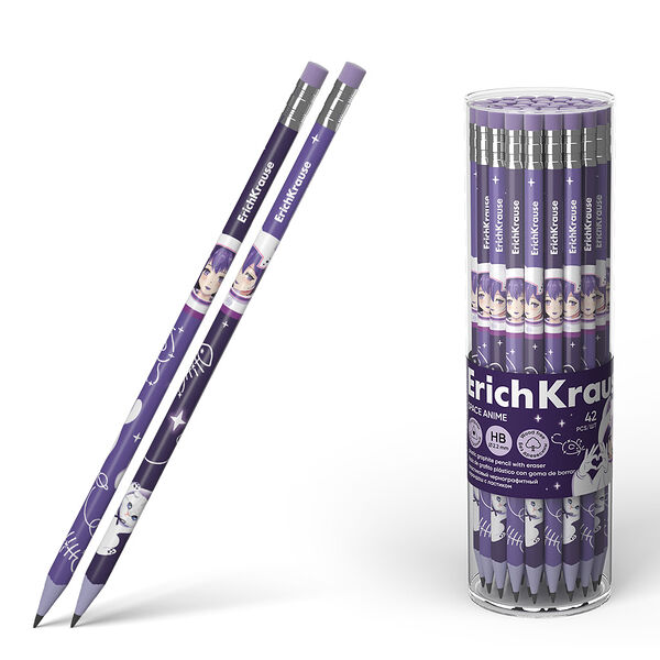 Чернографитный карандаш пластиковый Erich Krause Space Anime трехгранный с ластиком HB 1 шт