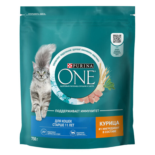Сухой корм Purina One полнорационный для кошек старше 11 лет, с высоким содержанием курицы 750 г