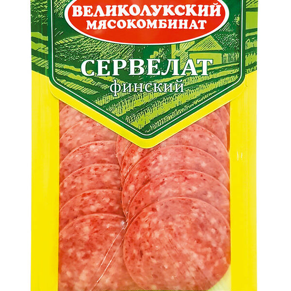 Колбаса варёно-копчёная Великолукский Мясокомбинат Сервелат Финский, в нарезке, категория Б