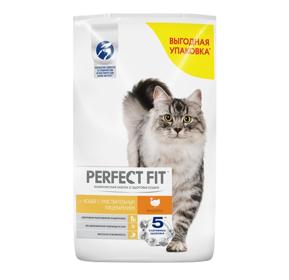 

Корм для кошек Perfect Fit с чувствительным пищеварением индейка сухой 10 кг