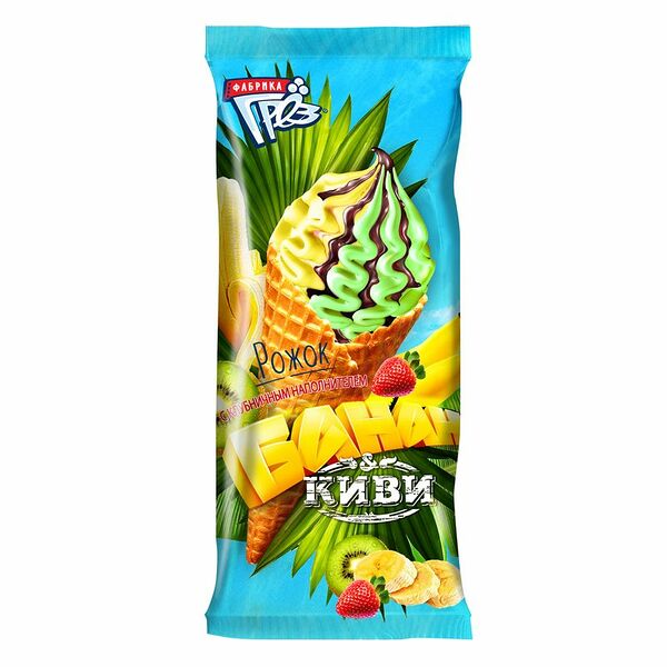 Мороженое пломбир Фабрика Грёз ванильный банан-киви-клубника рожок, 100г