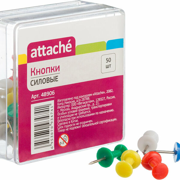 Кнопки силовые д/пробковых досок ATTACHE,пластиковая шляпка,ассорти,50шт/уп