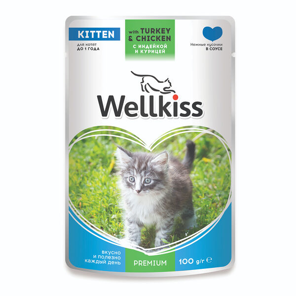 Влажный корм для котят Wellkiss Kitten с индейкой и курицей в соусе