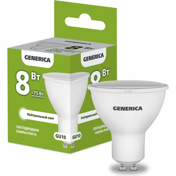 Светодиодная лампа GENERICA PAR16 софит 8Вт, 230В, 4000К, цоколь GU10 (Арт. LL-PAR16-08-230-40-GU10-G)