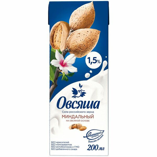 Напиток Овсяша миндальный на овсяной основе 1.5% 0.2л