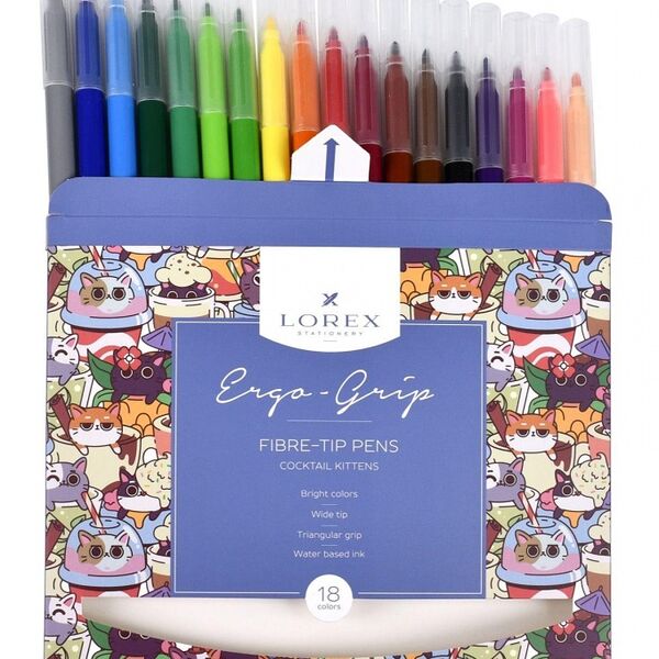 Фломастеры LOREX ERGO-GRIP COCKTAIL KITTENS 18 цв. с трехгранным захватом