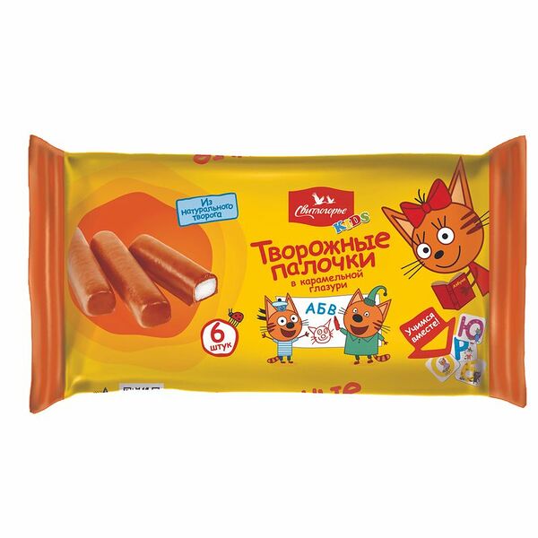 Творожные палочки Свитлогорье Kids Три кота в карамельной глазури 16%, 180г