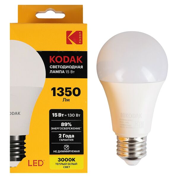 Лампочка светодиодная Kodak LED Е27 15 Вт груша теплый свет