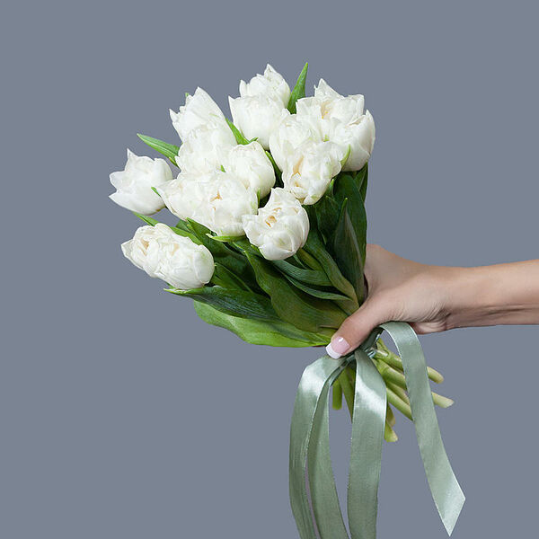 Монобукет из 15 белых Тюльпанов под ленту