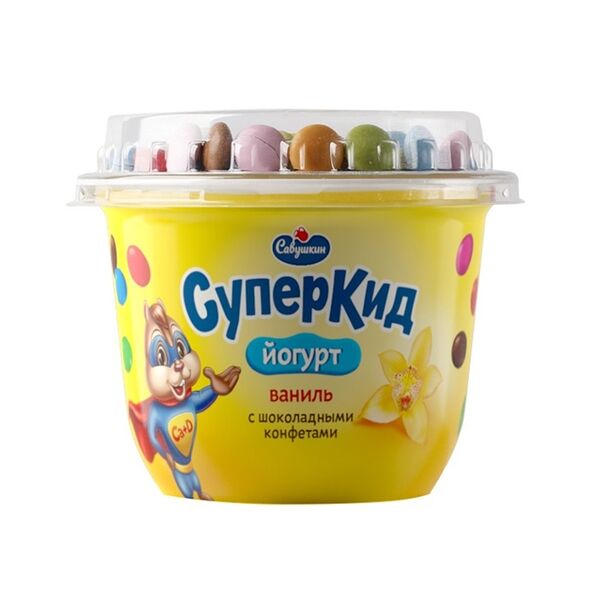 Йогурт густой Савушкин СуперКид ваниль и шоколадные конфеты 2% 103 г