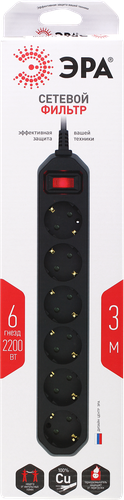 

Сетевой фильтр ЭРА USF-6es-3m-B с базовой защитой, с заземлением, с выключателем, 6 розеток, 3м, 10А, черный Арт. Б0037263