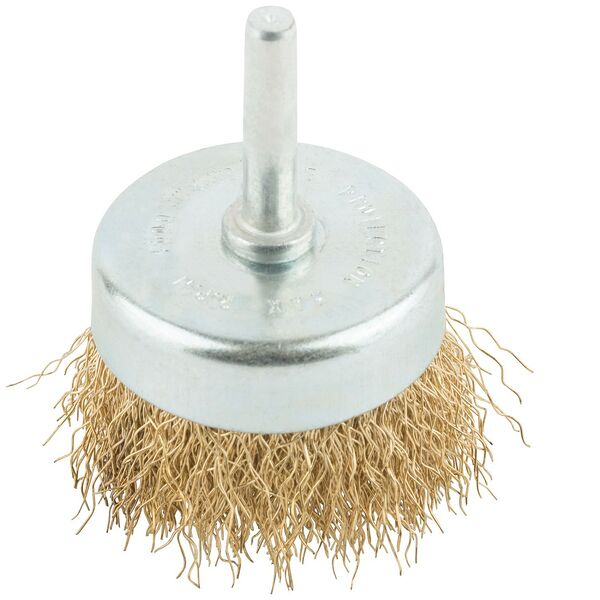 Корщетка чашка, с штифтом, стальная латунированная волнистая проволока 50 мм