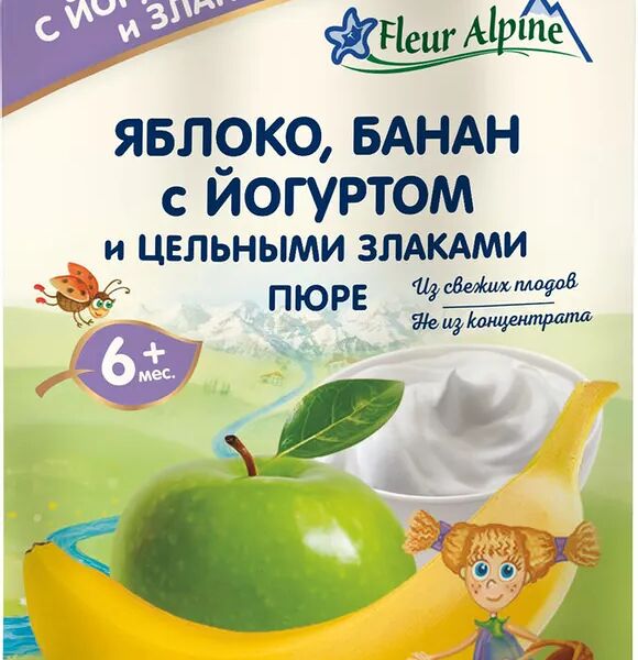 Пюре детское Fleur Alpine Яблоко и банан с йогуртом, с 6 месяцев