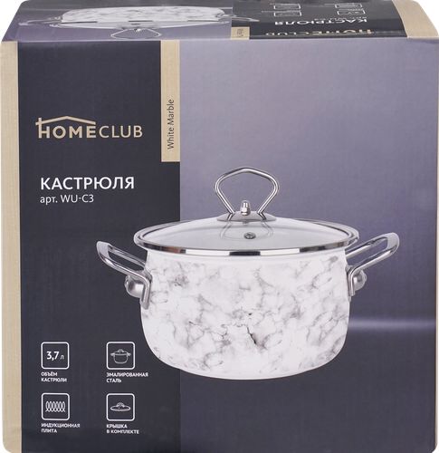 

Кастрюля со стеклянной крышкой HOMECLUB White Marble эмалированная, 3.7л, Арт. WU-c3