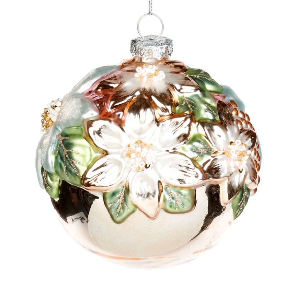 

Игрушка для елки Goodwill "Коллекция Традиции" Шар с узором цветы 3D 10 см, цвет кремовый, розовый, зеленый, стекло, Бельгия
