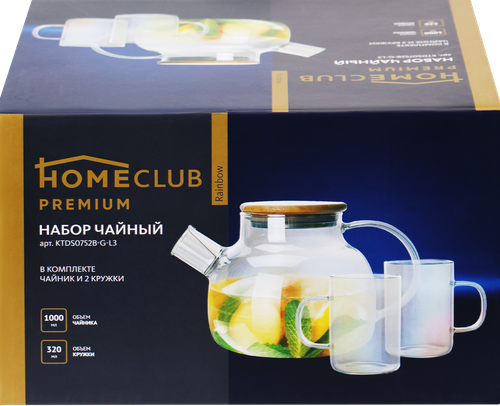

Набор чайный HOMECLUB Rainbow 3 предмета: чайник 1л, 2 кружки 320мл, стекло, Арт. KTDS0752B-G-L3