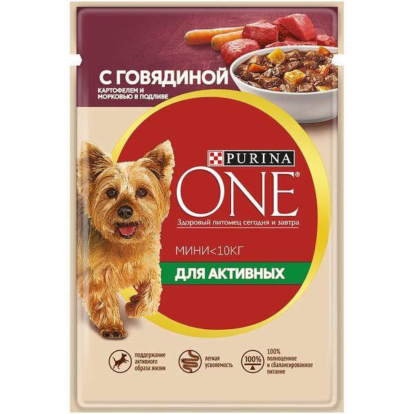 Purina One Мини пауч для активных взрослых собак мелких и карликовых пород (кусочки в подливе) Говядина