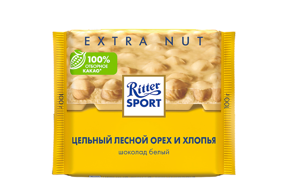 Шоколад Ritter Sport Extra Nut белый с цельным лесным орехом и хлопьями